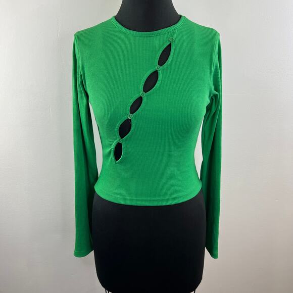 NASTY GAL Green Diagonal Cut Out Ribbed Knit Long Sleeve Top Fitted Night Out 4 - Picture 2 of 8